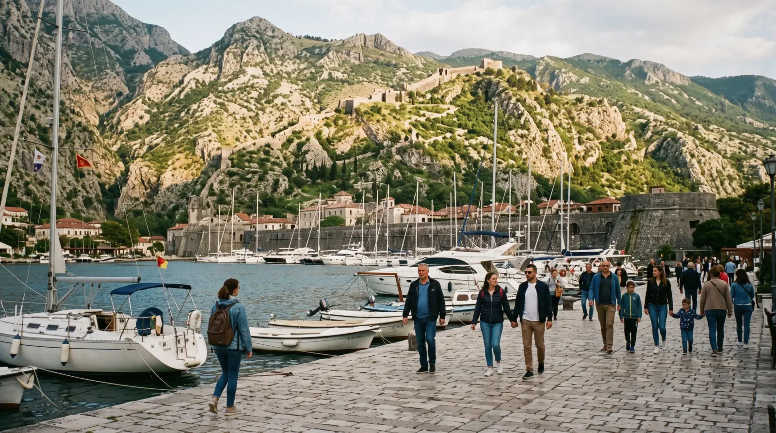 Kotor old town and the walls under morning light on the bay