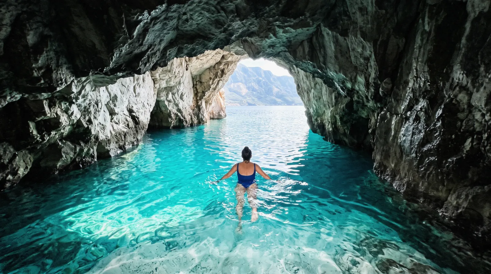 Blue glow inside the Blue Cave on the Herceg Novi side of the Bay of Kotor entrance