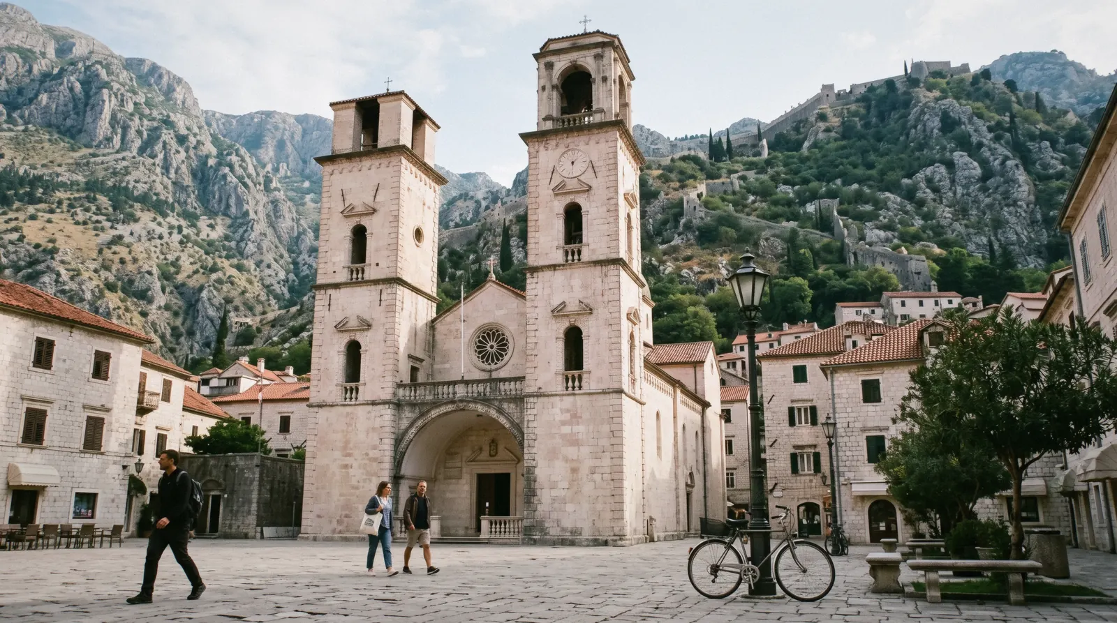 The two unequal Romanesque towers of the Cathedral of St Tryphon above a stone square in Kotor old town