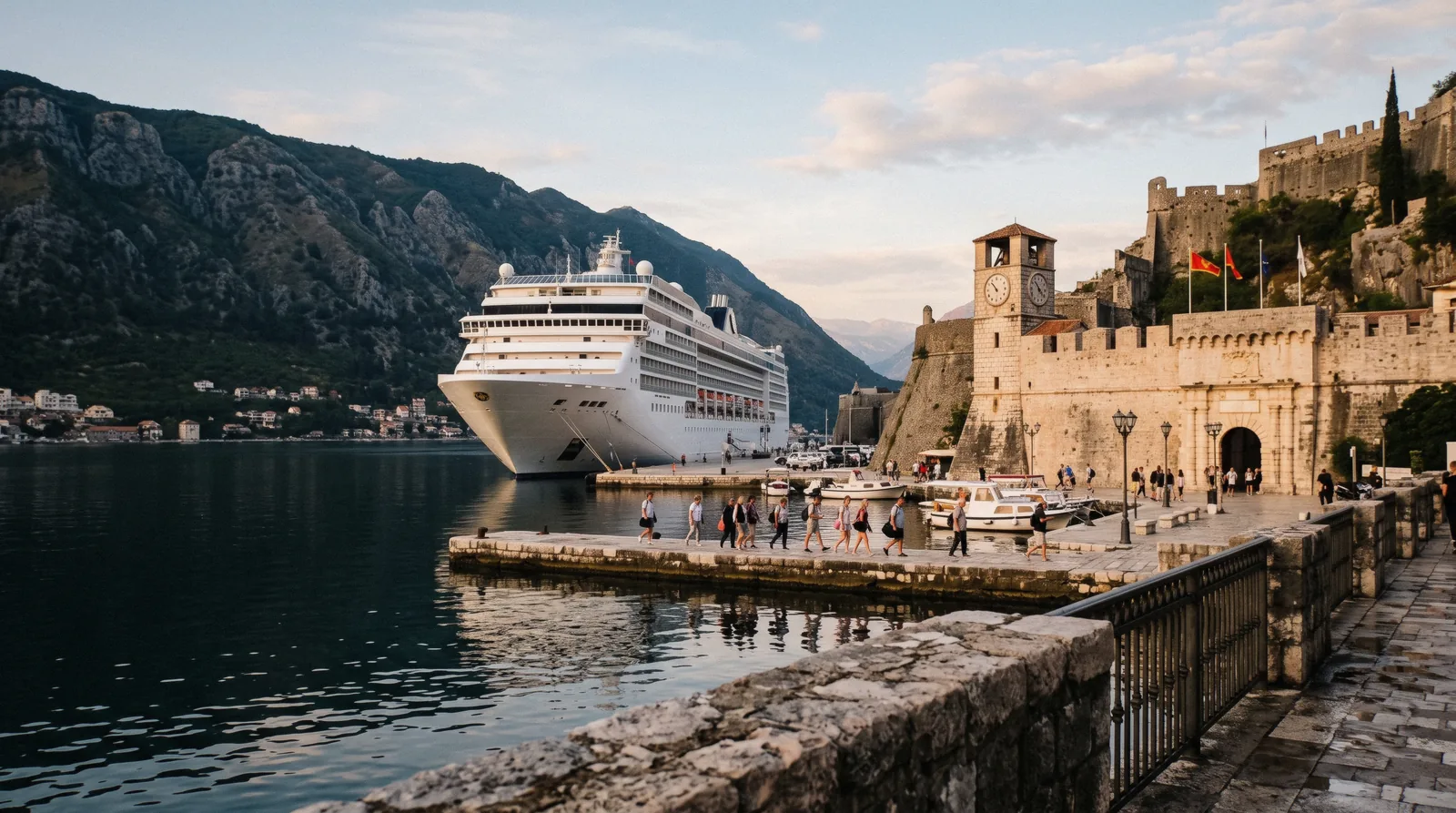 Cruise ship docked at the Port of Kotor pier beside the old town walls