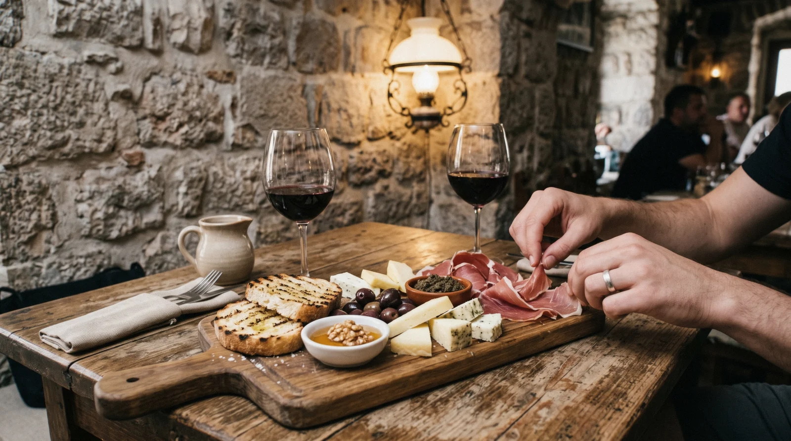 Shared plates of local cheese, cured ham and wine on a Kotor food tour