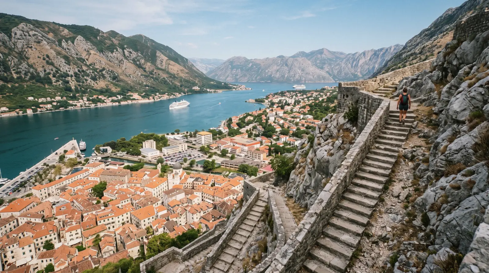 The Kotor city walls and San Giovanni fortress climbing the mountain above the old town
