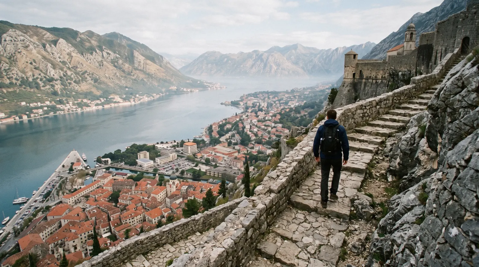 Kotor old town below the city walls with the Bay of Kotor behind, seen from the fortress path