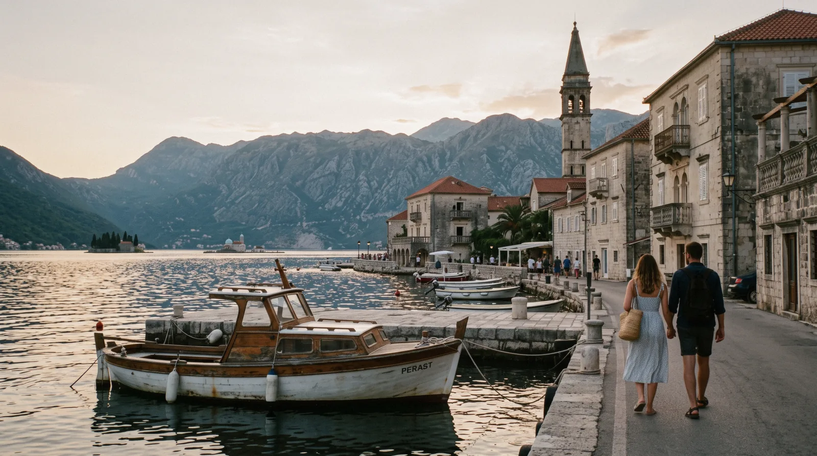 Kotor old town rooftops and the fortress walls rising toward the mountains at dusk