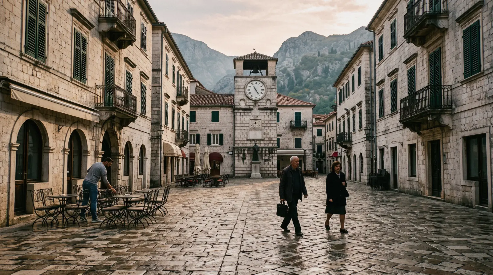 Kotor old town seen from above, with the Church of St Luke and the walls rising behind the red roofs