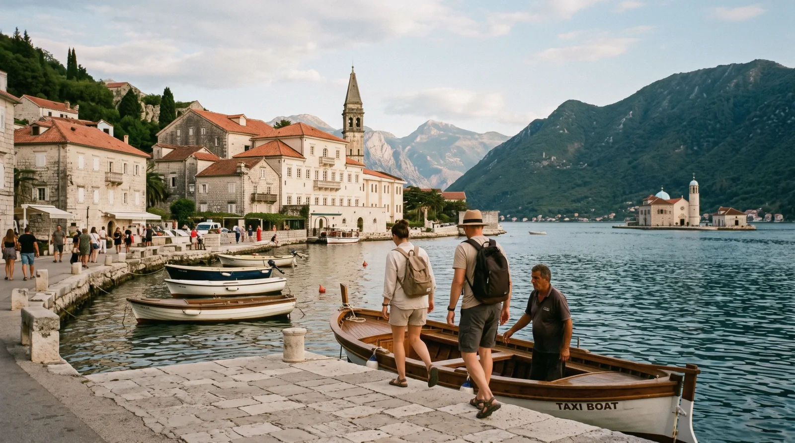 Perast's baroque waterfront and Our Lady of the Rocks island in the Bay of Kotor