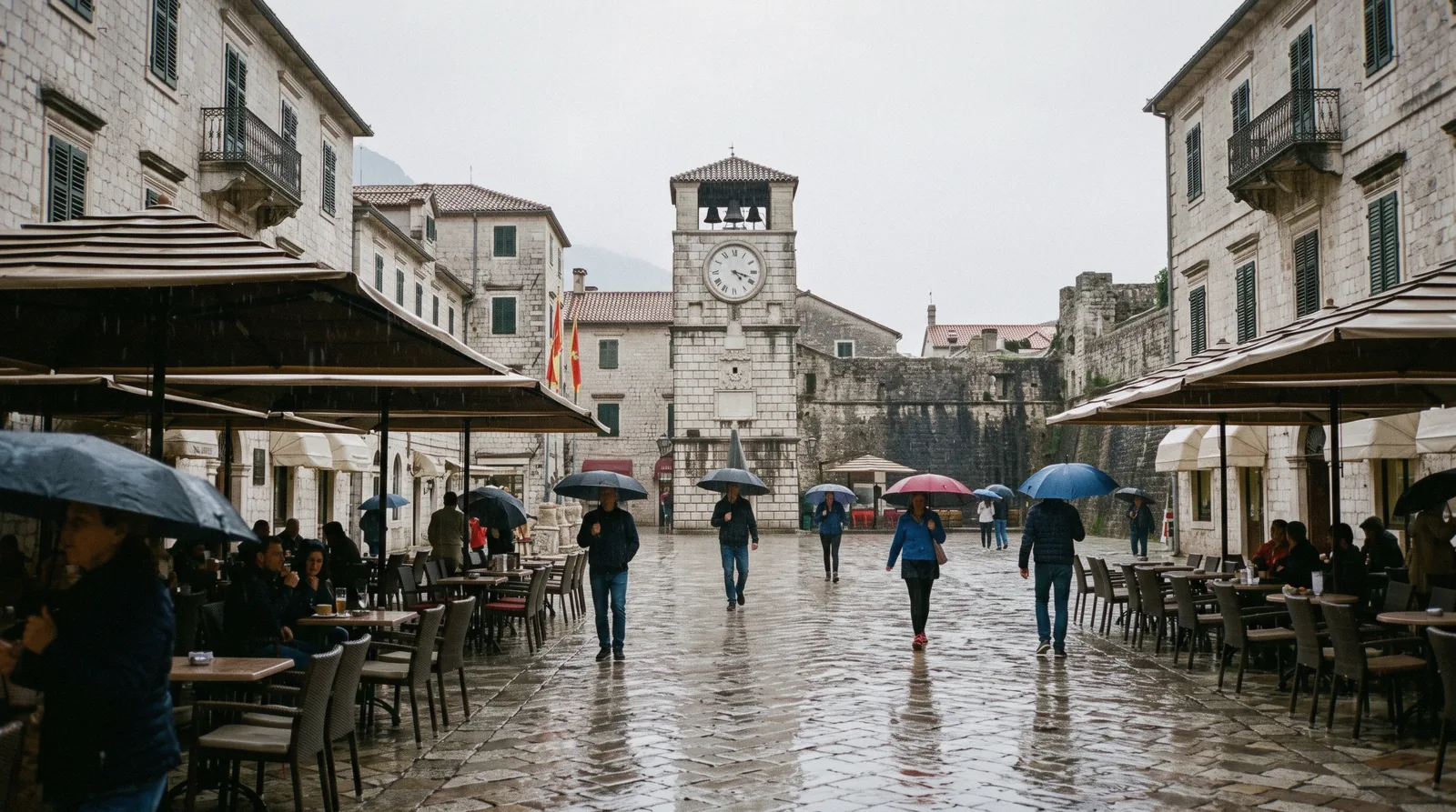 Rain falling on the stone lanes of Kotor old town on a grey day