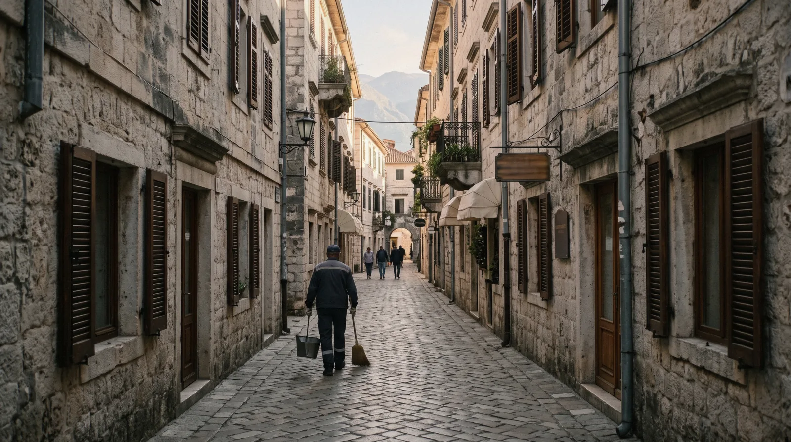 Kotor old town and the city walls below the dark slopes of Mount Lovćen