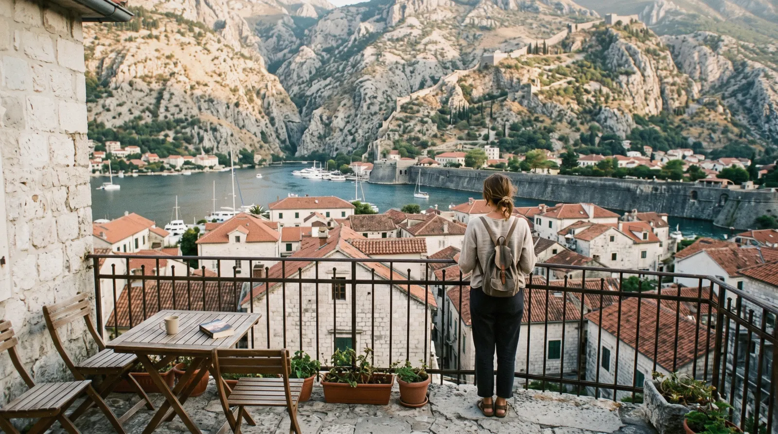 Rooftops of Kotor old town below the city walls with the Bay of Kotor behind